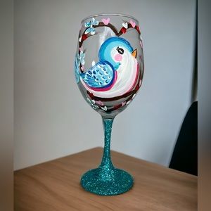 Love Bird Valentine’s Day Hand Painted Wine Glass Blue And Pink W/blue Glitter